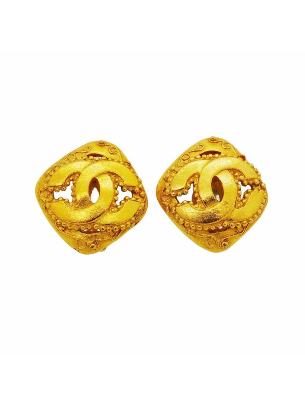 Chanel Earrings Vintage CC Logo Diamond Shape Gold Plated